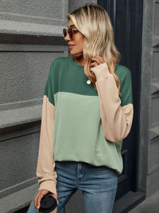 Contrast Round Neck Long Sleeve Top (multiple color options)