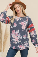 Load image into Gallery viewer, Floral Curved Hem T-Shirt with Stripe Detail
