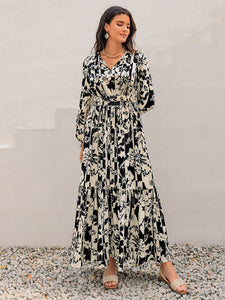 Smocked Printed Tie Neck Long Sleeve Dress