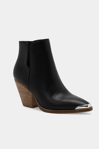 Pointed Metal-Tip Toe Block Heel Ankle Boots in Black