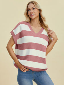 Striped V-Neck Short Sleeve Sweater (multiple color options)