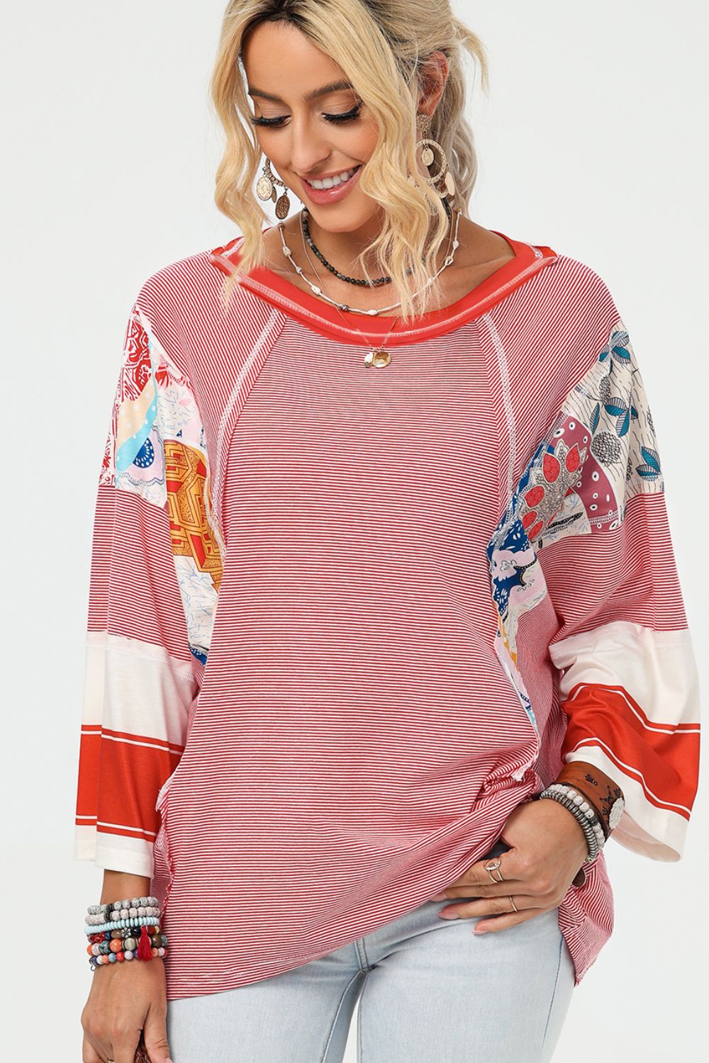 Striped Floral Patchwork Round Neck Top (multiple color options)