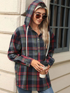 Drawstring Plaid Hooded Long Sleeve Top (multiple color options)