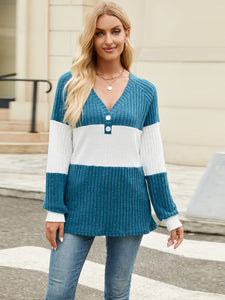 Color Block V-Neck Long Sleeve Top  (multiple color options)