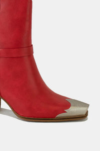 Faux Leather Metal Toe Ankle Boots in Red