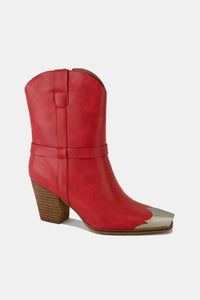 Faux Leather Metal Toe Ankle Boots in Red