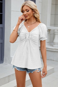 Eyelet Drawstring Short Sleeve Top  (multiple color options)