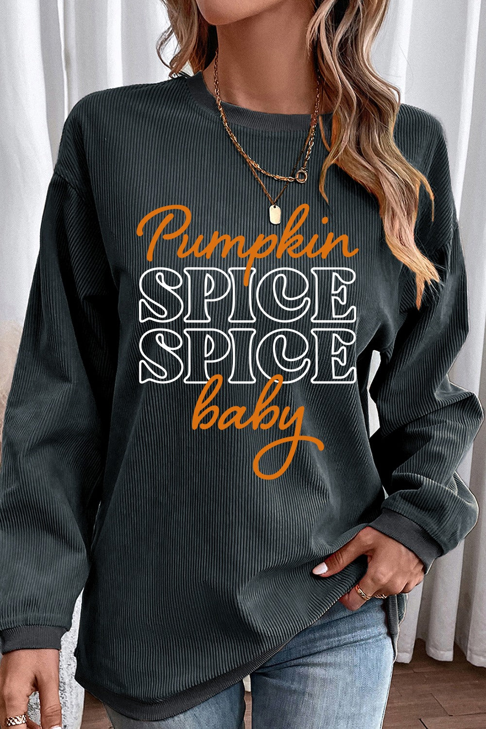 Pumpkin Spice Spice Baby Graphic Round Neck Long Sleeve Sweatshirt