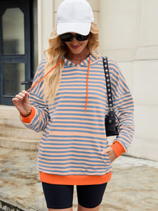 Drawstring Contrast Striped Long Sleeve Hoodie (multiple color options)