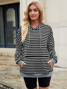 Drawstring Contrast Striped Long Sleeve Hoodie (multiple color options)