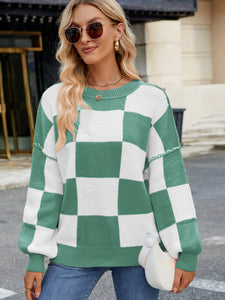 Checkered Round Neck Long Sleeve Sweater (multiple color options)