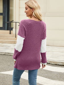 Contrast V-Neck Long Sleeve Top  (multiple color options)