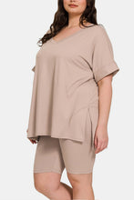 Load image into Gallery viewer, V-Neck Short Sleeve Slit T-Shirt and Shorts Set in Ash Mocha
