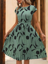 Load image into Gallery viewer, Perfee Tied Pleated Printed Cap Sleeve Dress (multiple color options)
