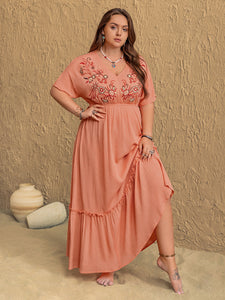 Frill Embroidered V-Neck Half Sleeve Maxi Dress