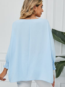 Smocked Lantern Sleeve Round Neck Blouse (multiple color options)