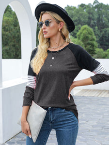 Contrast Striped Round Neck Long Sleeve T-Shirt (multiple color options)