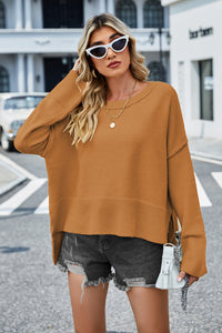 Round Neck Dropped Shoulder Slit Sweater (multiple color options)