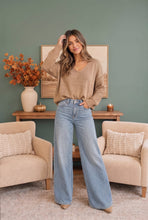 Load image into Gallery viewer, Cozy Caramel V-Neck Sweater with Crochet Sleeves
