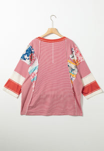 Striped Floral Patchwork Round Neck Top (multiple color options)