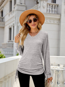 Drawstring V-Neck Long Sleeve Top (multiple color options)