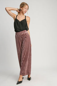 Elastic Waist Striped Wide Leg Velvet Pants in Burgundy