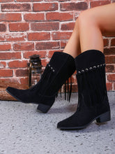 Load image into Gallery viewer, Fringe Suede Point Toe Block Heel Boots  (2 color options)
