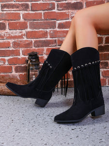 Fringe Suede Point Toe Block Heel Boots  (2 color options)