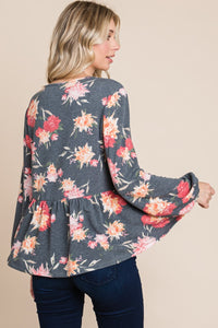 Babydoll Floral Long Sleeve Blouse in Charcoal