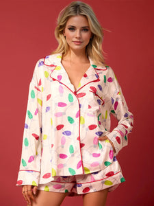 Printed Collared Neck Long Sleeve Top and Shorts Pajama Set (multiple color options)