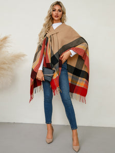 Fringe Contrast Plaid Poncho (multiple color options)