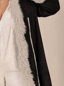 Fuzzy Trim Open Front Long Sleeve Hooded Coat