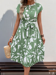 Perfee Tied Pleated Printed Cap Sleeve Dress (multiple color options)