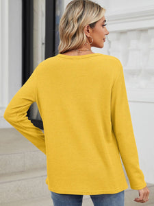 Waffle-Knit Notched Long Sleeve Top (multiple color options)