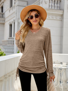 Drawstring V-Neck Long Sleeve Top (multiple color options)