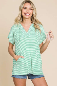 Striped Short Sleeve Hooded Top in Candy Green