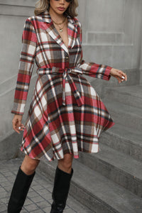 Plaid Tie Waist Long Sleeve Outerwear Dress