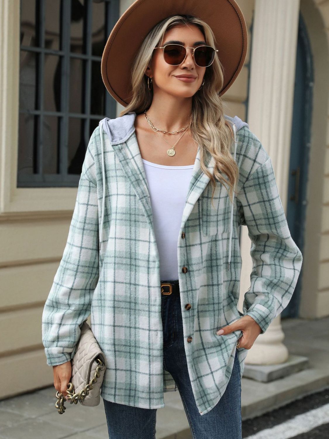 Drawstring Plaid Button Up Hooded Jacket (multiple color options)