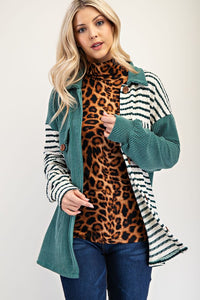 Striped Button Up Dropped Shoulder Shacket in Turquoise