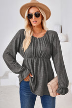 Load image into Gallery viewer, Ruched Round Neck Flounce Sleeve Blouse (multiple color options)
