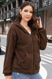 Zip Up Long Sleeve Fuzzy Hooded Outerwear (multiple color options)