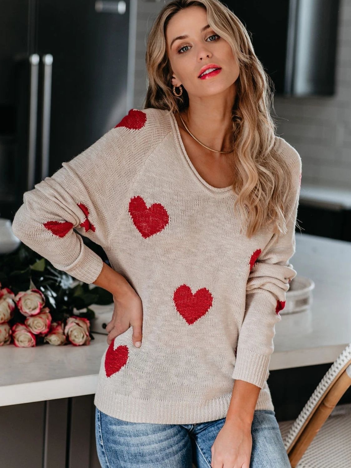 Heart Scoop Neck Long Sleeve Sweater (multiple color options)