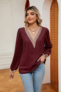 Swiss Dot Contrast V-Neck Blouse (multiple color options)