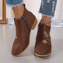 Load image into Gallery viewer, Embroidered Suede Point Toe Block Heel Boots (multiple color options)
