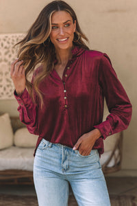 Frill Half Button Mock Neck Long Sleeve Blouse (multiple color options)