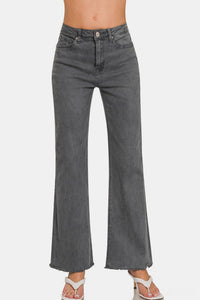 Acid Washed Frayed Hem Bootcut Jeans in Dark Grey