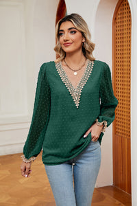 Swiss Dot Contrast V-Neck Blouse (multiple color options)