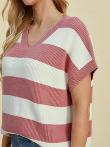 Striped V-Neck Short Sleeve Sweater (multiple color options)