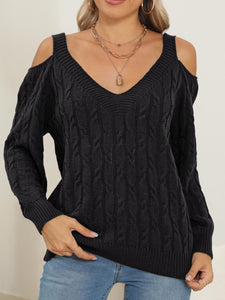 Cable-Knit V-Neck Long Sleeve Sweater (multiple color options)