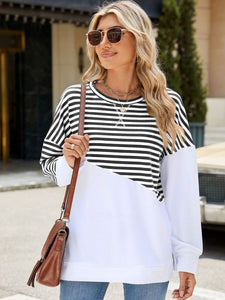 Slit Contrast Striped Long Sleeve Sweatshirt (multiple color options)